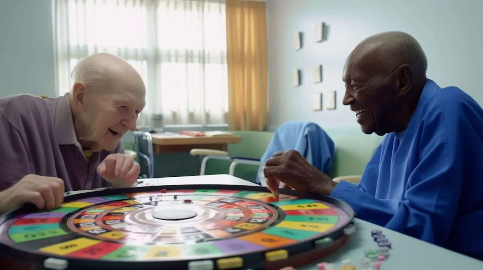 Two residents laughing together over a colorful board game