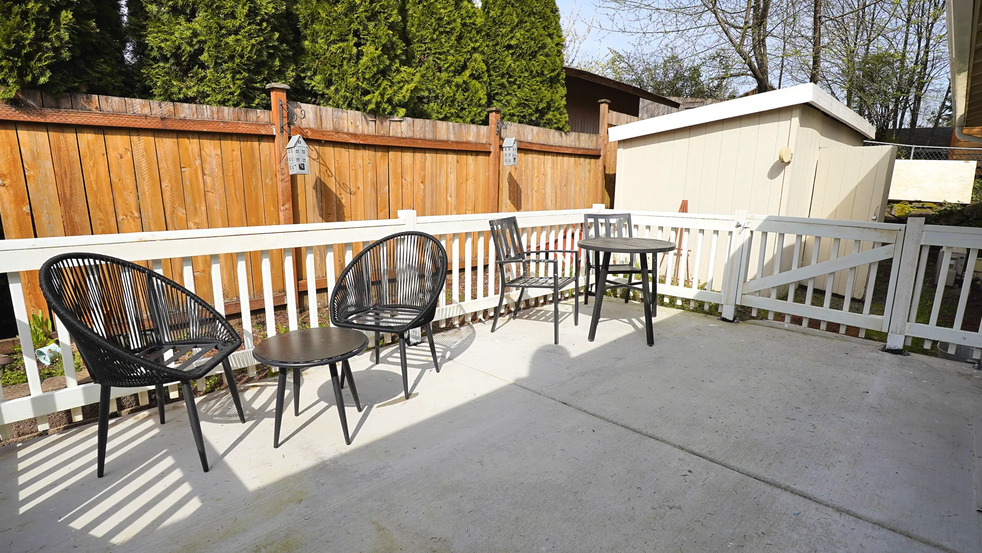 Backyard patio with garden shed